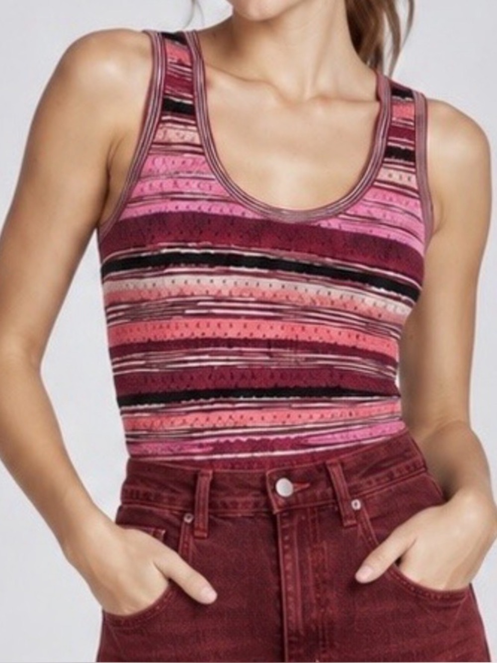 Missoni Knit Eyelet Striped Scoop Neck Sleeveless Wide Strap Stretch Tank Top M